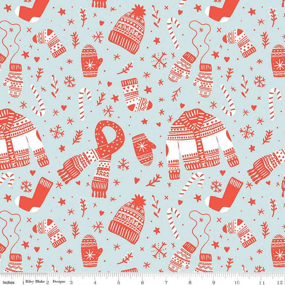 Cotton quilting fabric pattern called 'Main in Powder'. Part of the 'Ski Hill' fabric collection. Designed by Corinne Wells for fabric company Riley Blake. SKU: C14770-POWDER . 44-45 inch width.