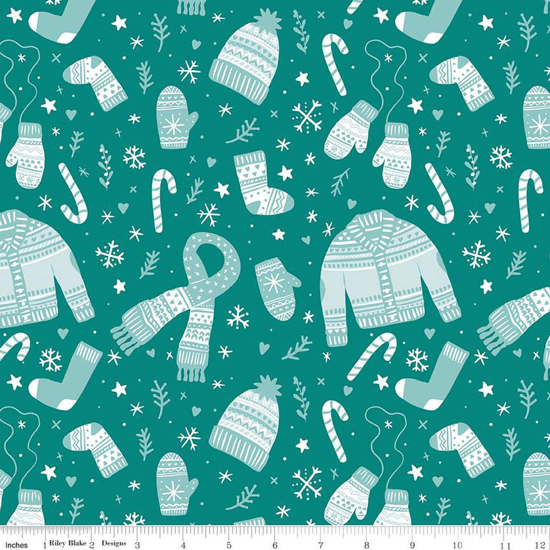 Cotton quilting fabric pattern called 'Main in Teal'. Part of the 'Ski Hill' fabric collection. Designed by Corinne Wells for fabric company Riley Blake. SKU: C14770-TEAL. 44-45 inch width.