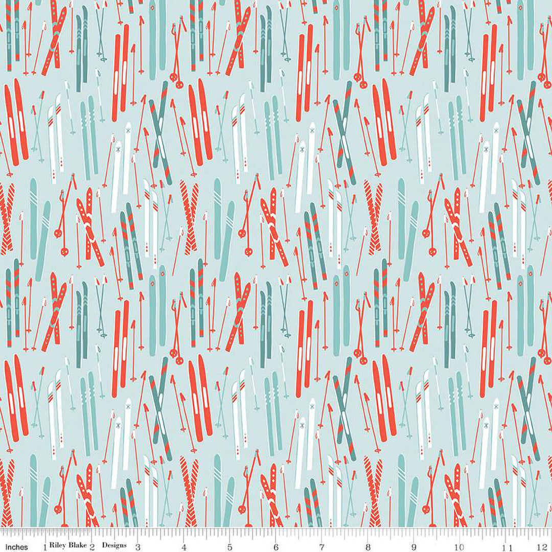 Cotton quilting fabric pattern called 'Skis in Powder'. Part of the 'Ski Hill' fabric collection. Designed by Corinne Wells for fabric company Riley Blake. SKU: C14771-POWDER. 44-45 inch width.