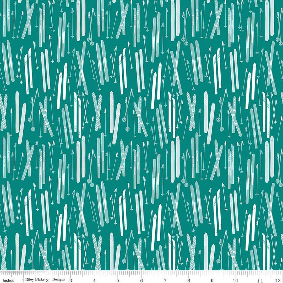 Cotton quilting fabric pattern called 'Skis in Teal'. Part of the 'Ski Hill' fabric collection. Designed by Corinne Wells for fabric company Riley Blake. SKU: C14771-TEAL . 44-45 inch width.