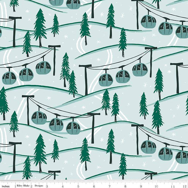 Cotton quilting fabric pattern called 'Mountainside in Powder'. Part of the 'Ski Hill' fabric collection. Designed by Corinne Wells for fabric company Riley Blake. SKU: C14772-POWDER. 44-45 inch width.