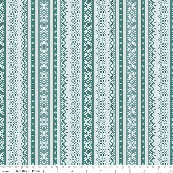 Cotton quilting fabric pattern called 'Sweater in Powder'. Part of the 'Ski Hill' fabric collection. Designed by Corinne Wells for fabric company Riley Blake. SKU: C14773-POWDER. 44-45 inch width.