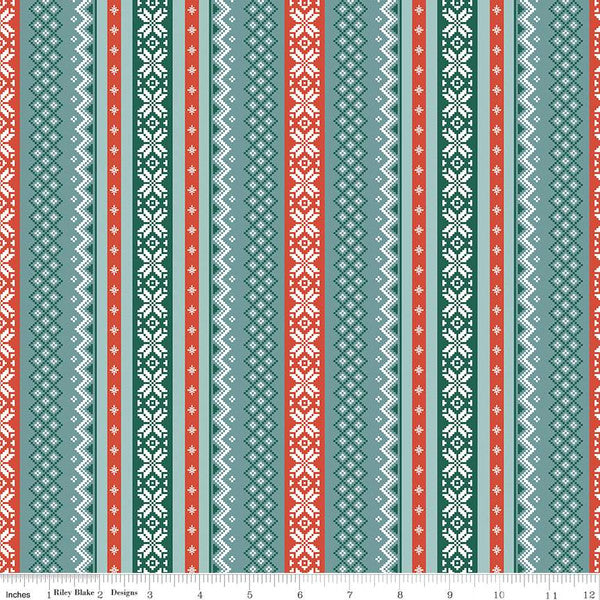 Cotton quilting fabric pattern called 'Sweater in Teal'. Part of the 'Ski Hill' fabric collection. Designed by Corinne Wells for fabric company Riley Blake. SKU: C14773-TEAL. 44-45 inch width.