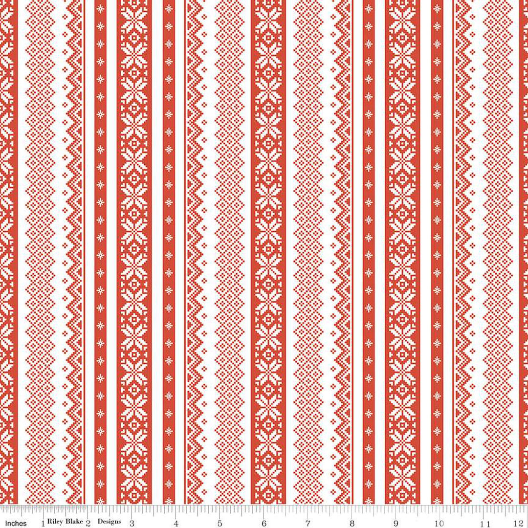 Cotton quilting fabric pattern called 'Sweater in White'. Part of the 'Ski Hill' fabric collection. Designed by Corinne Wells for fabric company Riley Blake. SKU: C14773-WHITE . 44-45 inch width.