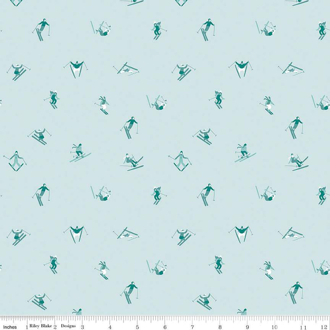 Cotton quilting fabric pattern called 'Skiers in Powder'. Part of the 'Ski Hill' fabric collection. Designed by Corinne Wells for fabric company Riley Blake. SKU: C14774-POWDER. 44-45 inch width.