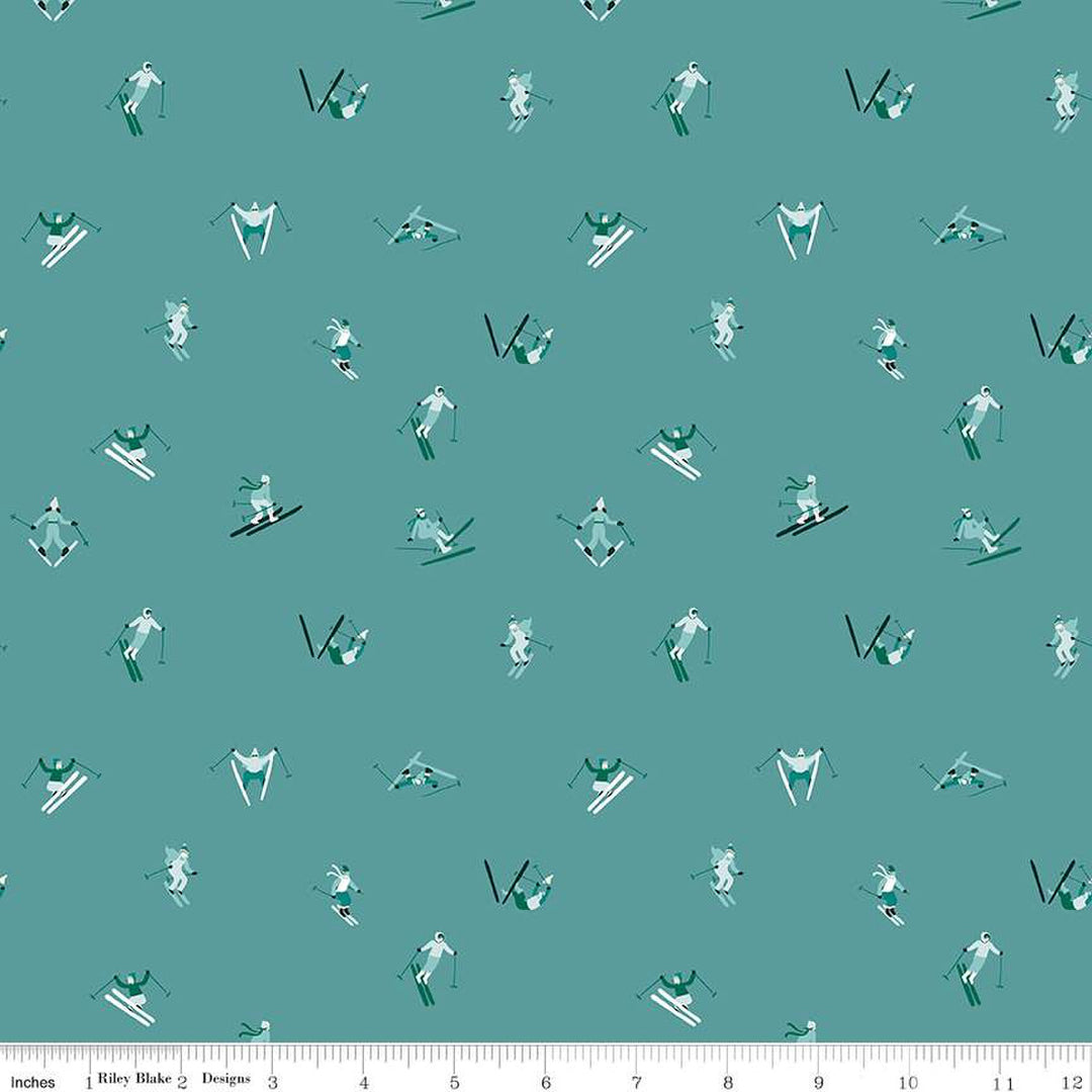 Cotton quilting fabric pattern called 'Skiers in Teal'. Part of the 'Ski Hill' fabric collection. Designed by Corinne Wells for fabric company Riley Blake. SKU: C14774-TEAL. 44-45 inch width.