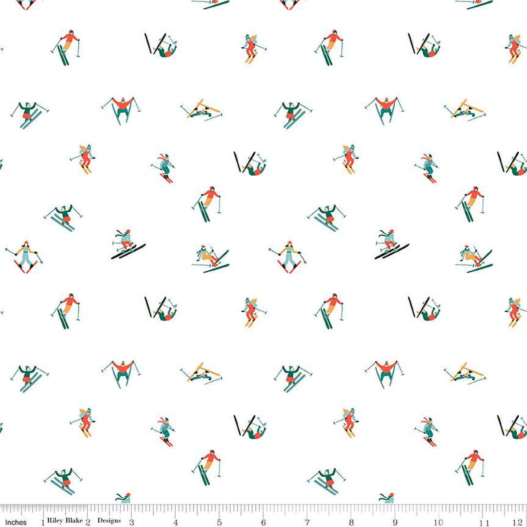 Cotton quilting fabric pattern called 'Skiers in White'. Part of the 'Ski Hill' fabric collection. Designed by Corinne Wells for fabric company Riley Blake. SKU: C14774-WHITE. 44-45 inch width.