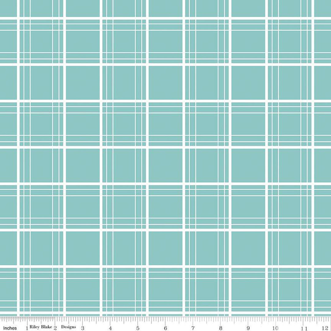 Cotton quilting fabric pattern called 'Ski Tracks in Aqua'. Part of the 'Ski Hill' fabric collection. Designed by Corinne Wells for fabric company Riley Blake. SKU: C14775-AQUA. 44-45 inch width.