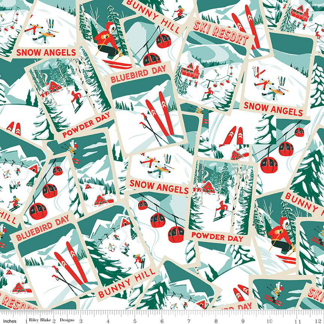 Cotton quilting fabric pattern called 'Ski Posters in Multi'. Part of the 'Ski Hill' fabric collection. Designed by Corinne Wells for fabric company Riley Blake. SKU: C14777-MULTI. 44-45 inch width.