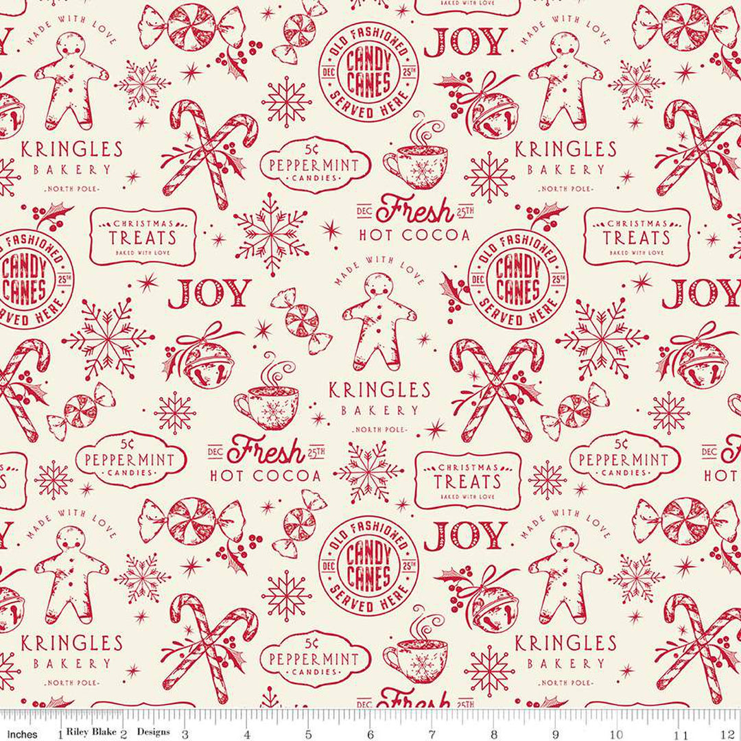 Cotton quilting fabric pattern called 'Treats in Cream'. Part of the 'Merry Little Christmas' fabric collection. Designed by Sandy Gervais for fabric company Riley Blake. SKU: C14841-CREAM. 44-45 inch width.