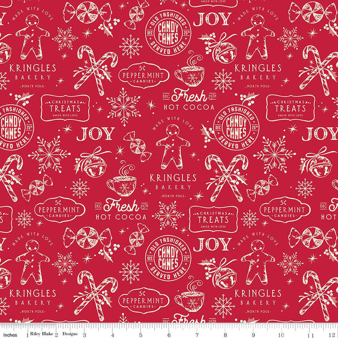 Cotton quilting fabric pattern called 'Treats in Red'. Part of the 'Merry Little Christmas' fabric collection. Designed by Sandy Gervais for fabric company Riley Blake. SKU: C14841-RED. 44-45 inch width.