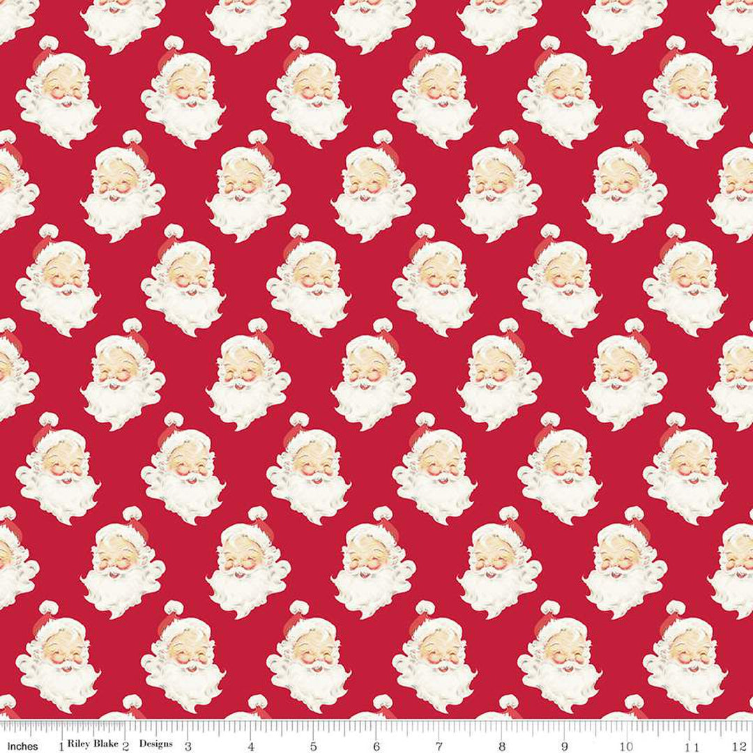 Cotton quilting fabric pattern called 'Santa Heads in Red'. Part of the 'Merry Little Christmas' fabric collection. Designed by Sandy Gervais for fabric company Riley Blake. SKU: C14842-RED. 44-45 inch width.