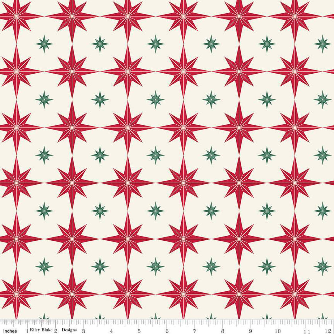 Cotton quilting fabric pattern called 'Starbursts in Cream'. Part of the 'Merry Little Christmas' fabric collection. Designed by Sandy Gervais for fabric company Riley Blake. SKU: C14843-CREAM. 44-45 inch width.