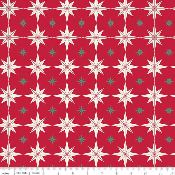 Cotton quilting fabric pattern called 'Starbursts in Red'. Part of the 'Merry Little Christmas' fabric collection. Designed by Sandy Gervais for fabric company Riley Blake. SKU: C14843-RED. 44-45 inch width.