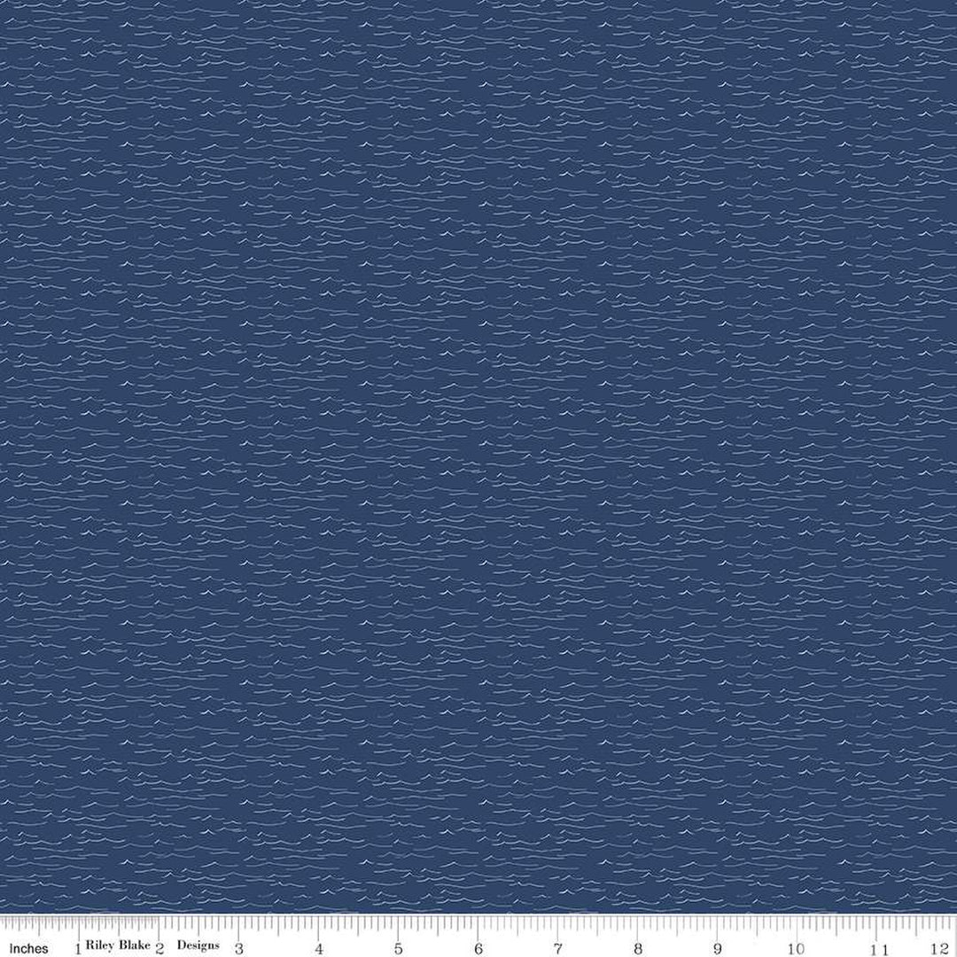 Cotton quilting fabric pattern called 'Water in Navy'. Part of the 'Wake at the Lake' fabric collection. Designed by Tara Reed for fabric company Riley Blake. SKU: C14894-NAVY. 44-45 inch width.