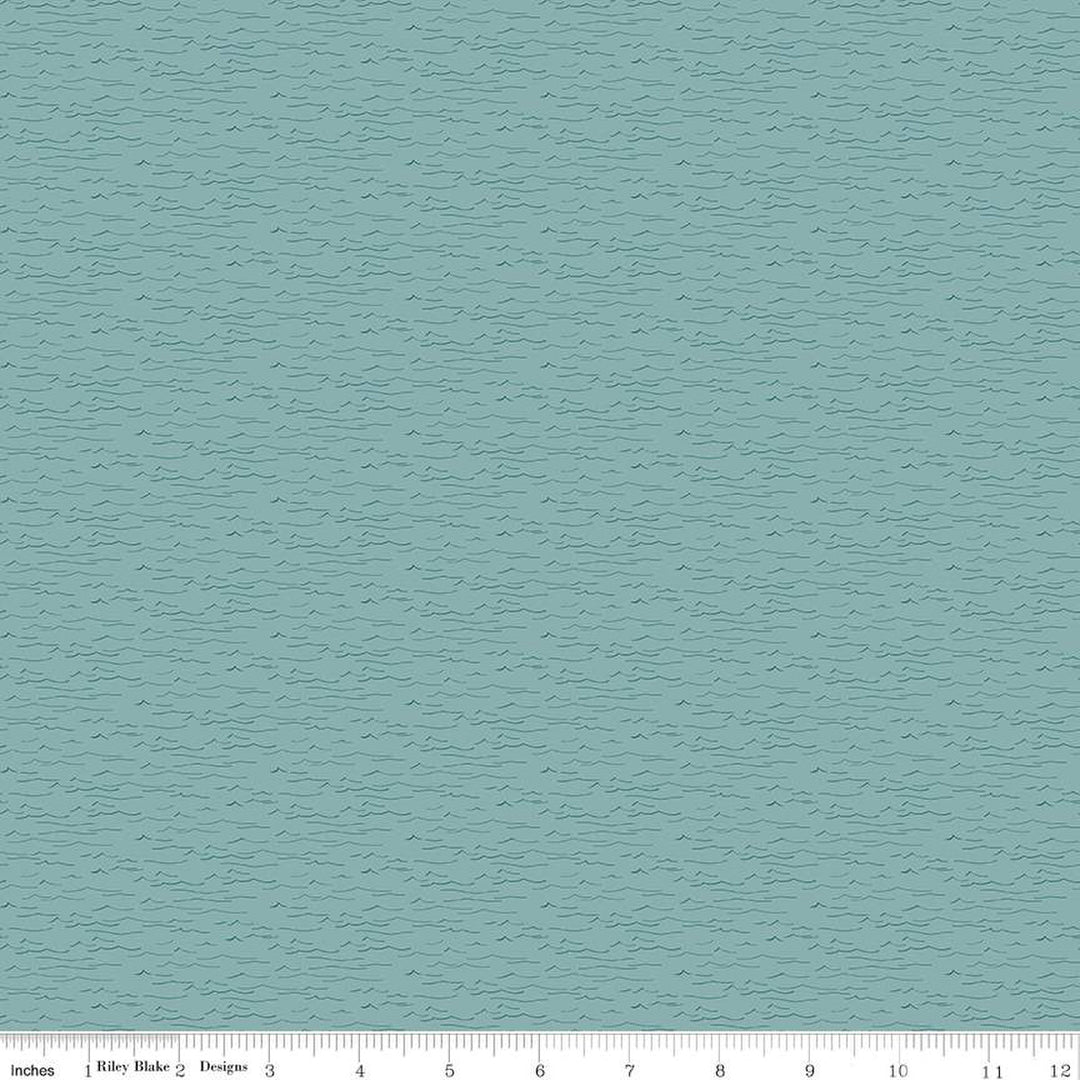 Cotton quilting fabric pattern called 'Water in Teal'. Part of the 'Wake at the Lake' fabric collection. Designed by Tara Reed for fabric company Riley Blake. SKU: C14894-TEAL. 44-45 inch width.