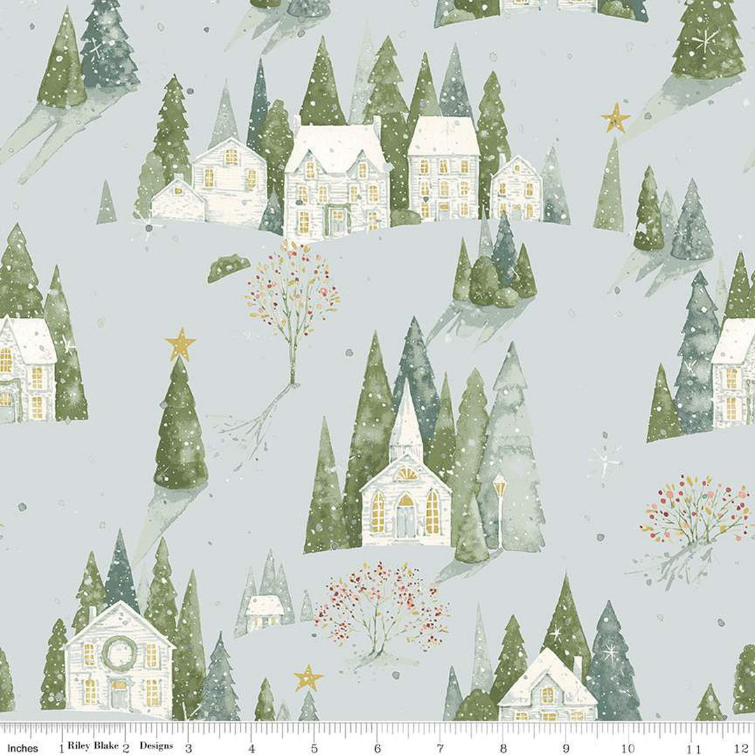 Cotton quilting fabric pattern called 'Home Sweet Home in Blue'. Part of the 'Magical Winterland' fabric collection. Designed by Lisa Audit for fabric company Riley Blake. SKU: C14940-BLUE. 44-45 inch width.