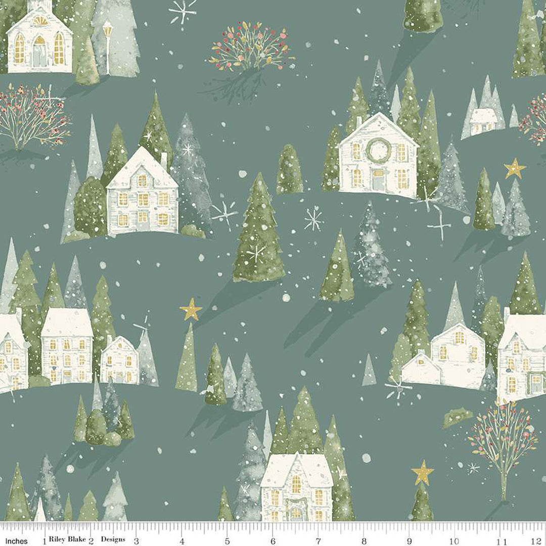 Cotton quilting fabric pattern called 'Home Sweet Home in Winter'. Part of the 'Magical Winterland' fabric collection. Designed by Lisa Audit for fabric company Riley Blake. SKU: C14940-WINTER. 44-45 inch width.