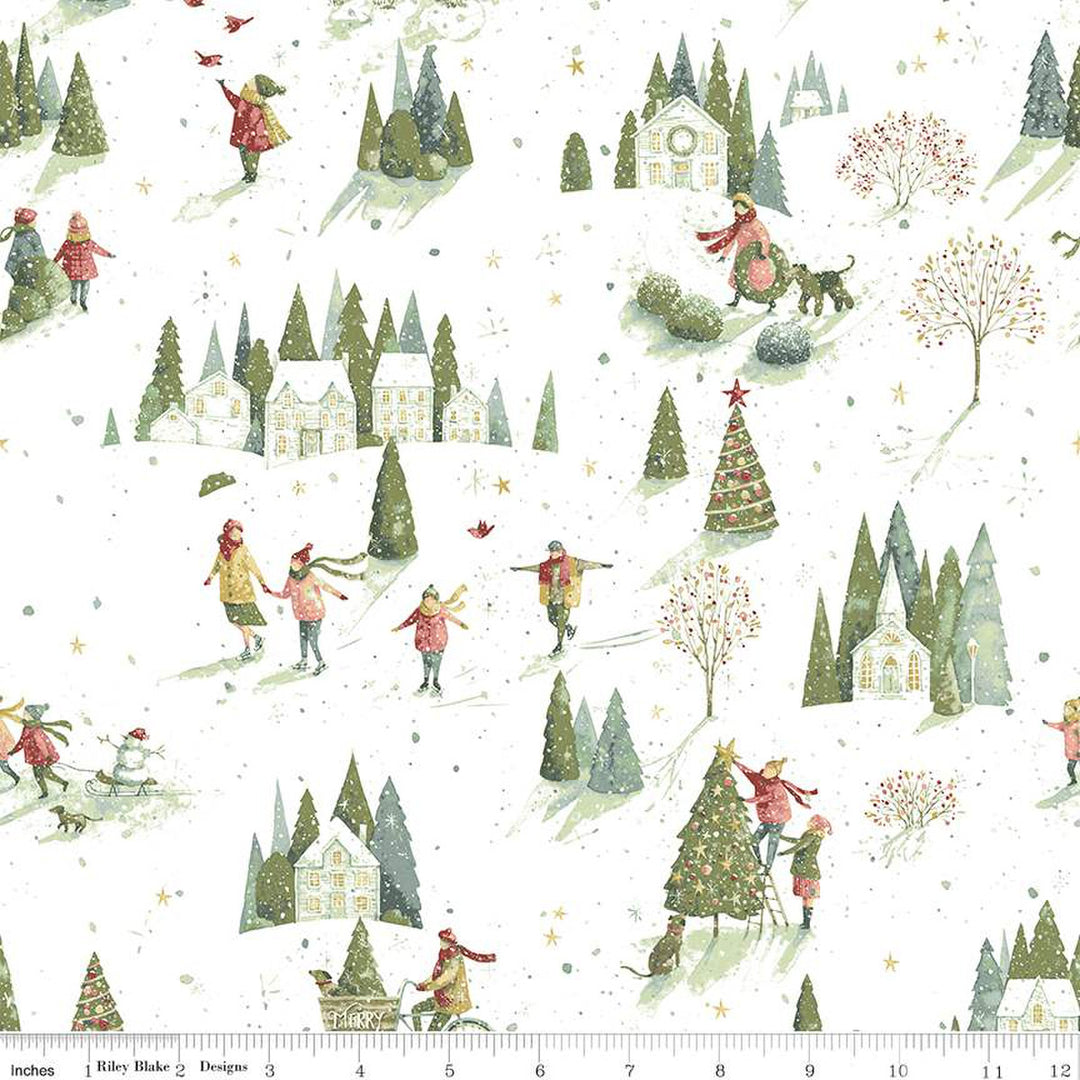 Cotton quilting fabric pattern called 'Winter Scene in Snow'. Part of the 'Magical Winterland' fabric collection. Designed by Lisa Audit for fabric company Riley Blake. SKU: C14942-SNOW. 44-45 inch width.