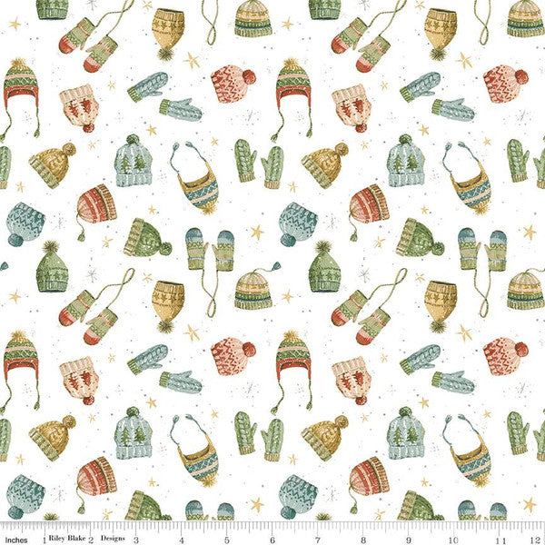 Cotton quilting fabric pattern called 'Knitwear in Snow'. Part of the 'Magical Winterland' fabric collection. Designed by Lisa Audit for fabric company Riley Blake. SKU: C14945-SNOW. 44-45 inch width.