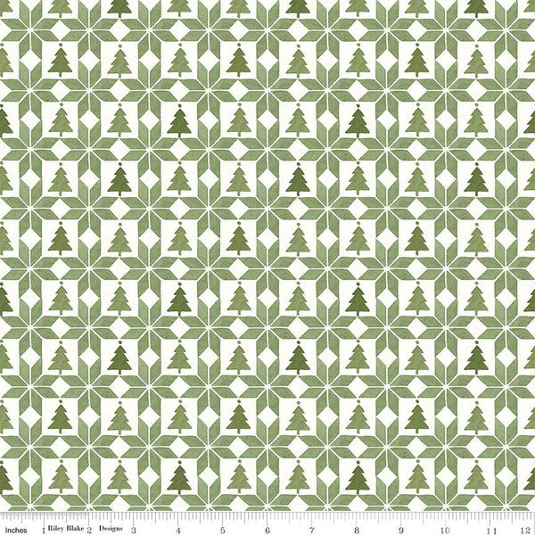 Cotton quilting fabric pattern called 'Patchwork in Green'. Part of the 'Magical Winterland' fabric collection. Designed by Lisa Audit for fabric company Riley Blake. SKU: C14946-GREEN. 44-45 inch width.