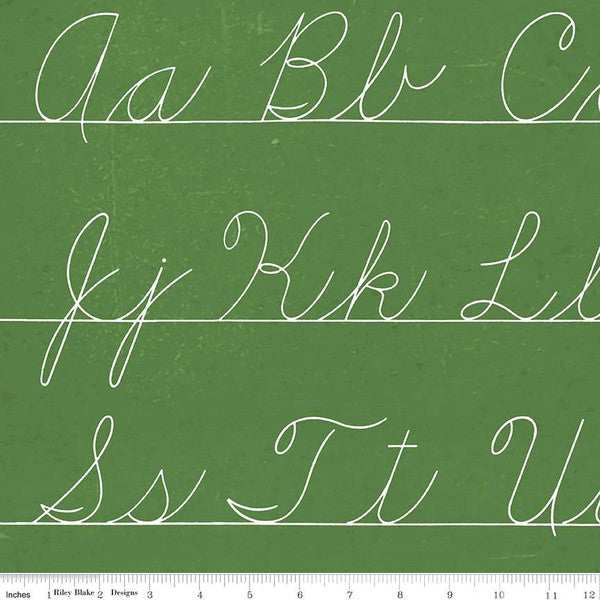 Cotton quilting fabric pattern called 'Penmanship in Green'. Part of the 'Old School' fabric collection. Designed by Janet Wecker-Frisch for fabric company Riley Blake. SKU:  C14964-GREEN. 44-45 inch width.