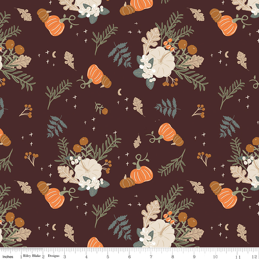 Cotton quilting fabric pattern called 'Main in Espresso'. Part of the 'Pumpkin Spice' fabric collection. Designed by Simple Simon & Company for fabric company Riley Blake. SKU: C14990-ESPRESSSO. 44-45 inch width.