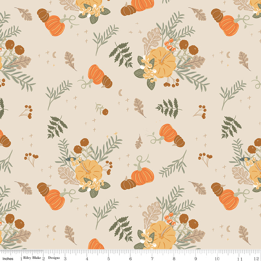 Cotton quilting fabric pattern called 'Main in Ivory'. Part of the 'Pumpkin Spice' fabric collection. Designed by Simple Simon & Company for fabric company Riley Blake. SKU: C14990-IVORY. 44-45 inch width.