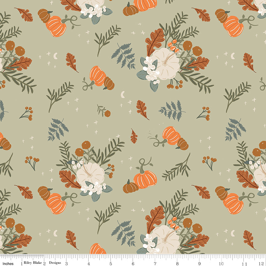 Cotton quilting fabric pattern called 'Main in Sage'. Part of the 'Pumpkin Spice' fabric collection. Designed by Simple Simon & Company for fabric company Riley Blake. SKU: C14990-SAGE. 44-45 inch width.