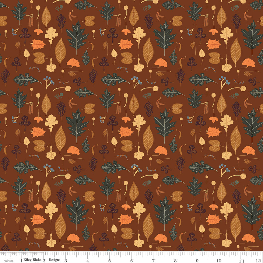 Cotton quilting fabric pattern called 'Leaves in Brown'. Part of the 'Pumpkin Spice' fabric collection. Designed by Simple Simon & Company for fabric company Riley Blake. SKU: C14991-BROWN. 44-45 inch width.