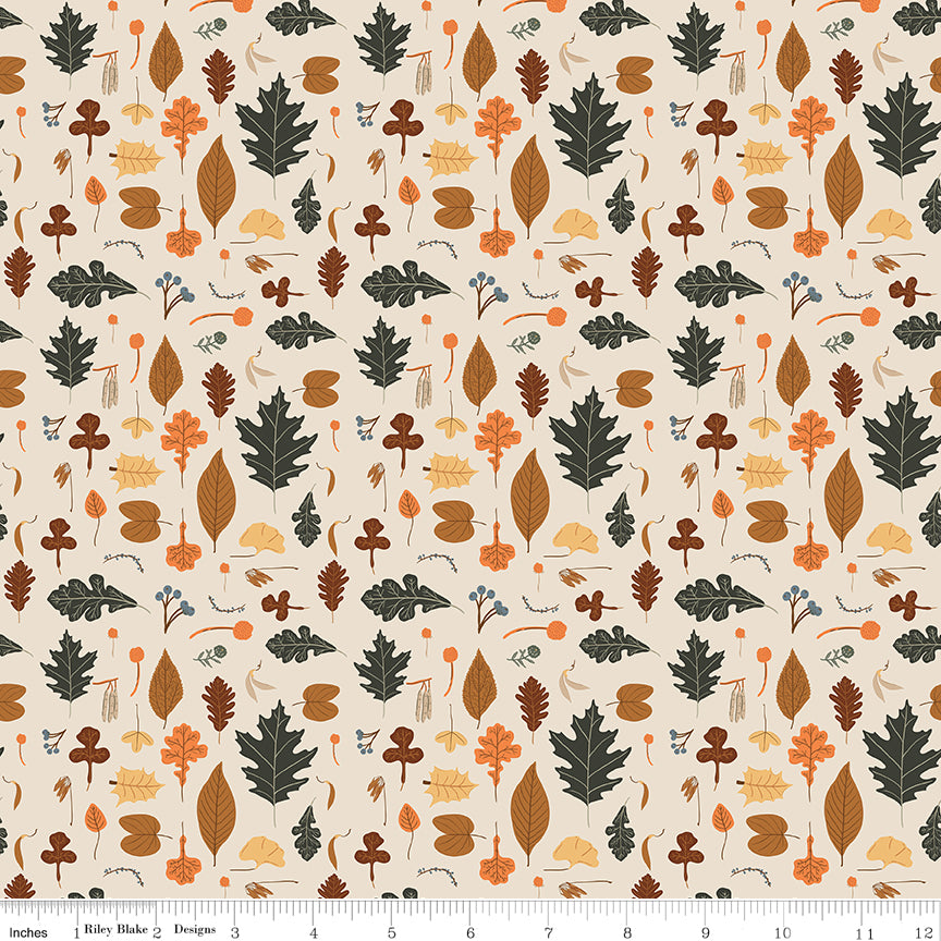 Cotton quilting fabric pattern called 'Leaves in Ivory'. Part of the 'Pumpkin Spice' fabric collection. Designed by Simple Simon & Company for fabric company Riley Blake. SKU: C14991-IVORY. 44-45 inch width.