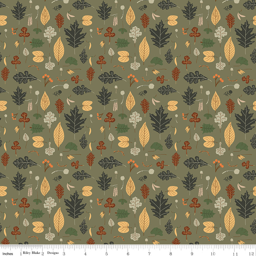 Cotton quilting fabric pattern called 'Leaves in Olive'. Part of the 'Pumpkin Spice' fabric collection. Designed by Simple Simon & Company for fabric company Riley Blake. SKU: C14991-OLIVE. 44-45 inch width.