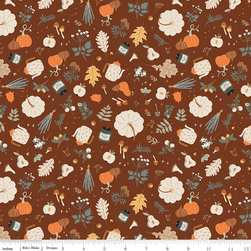 Cotton quilting fabric pattern called 'Forage in Brown'. Part of the 'Pumpkin Spice' fabric collection. Designed by Simple Simon & Company for fabric company Riley Blake. SKU: C14992-BROWN. 44-45 inch width.