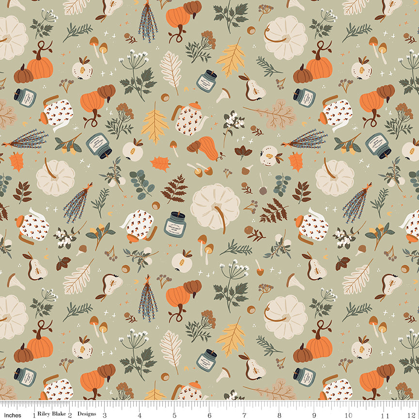 Cotton quilting fabric pattern called 'Forage in Sage'. Part of the 'Pumpkin Spice' fabric collection. Designed by Simple Simon & Company for fabric company Riley Blake. SKU: C14992-SAGE. 44-45 inch width.