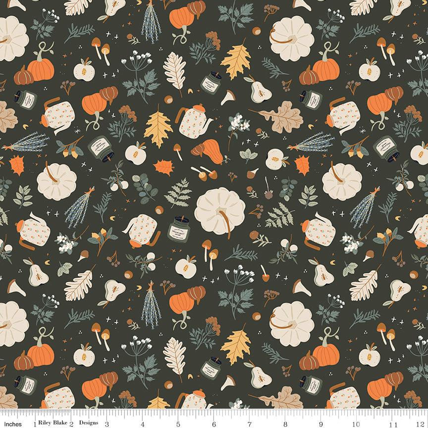 Cotton quilting fabric pattern called 'Forage in Shrubs'. Part of the 'Pumpkin Spice' fabric collection. Designed by Simple Simon & Company for fabric company Riley Blake. SKU: C14992-SHRUBS. 44-45 inch width.