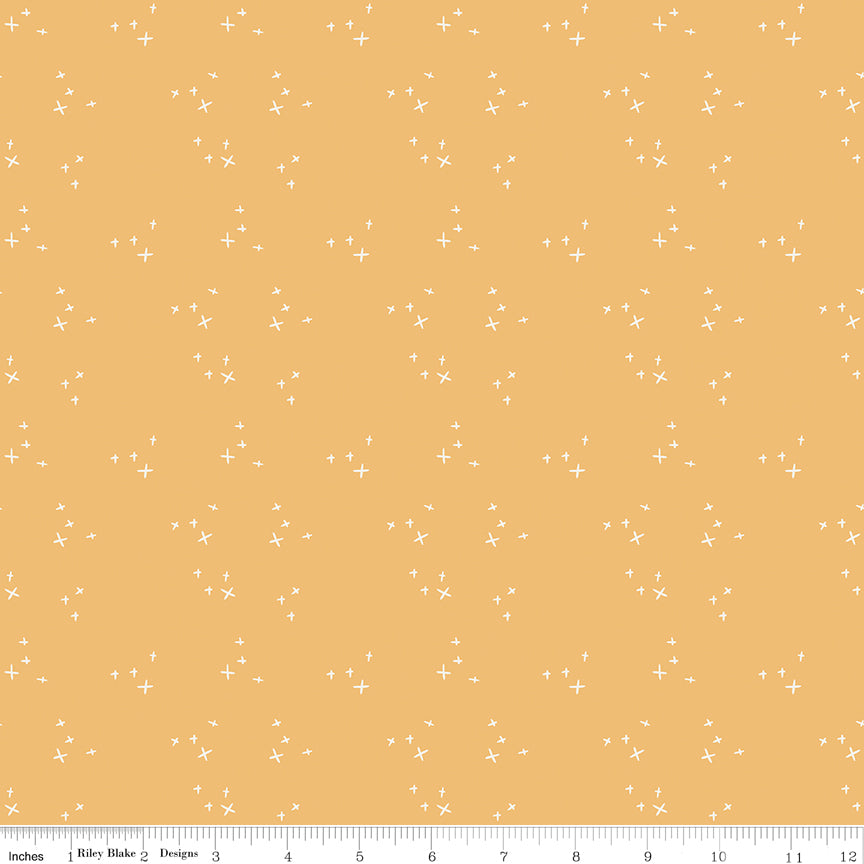 Cotton quilting fabric pattern called 'Sparkle in Gold'. Part of the 'Pumpkin Spice' fabric collection. Designed by Simple Simon & Company for fabric company Riley Blake. SKU: C14994-GOLD. 44-45 inch width.