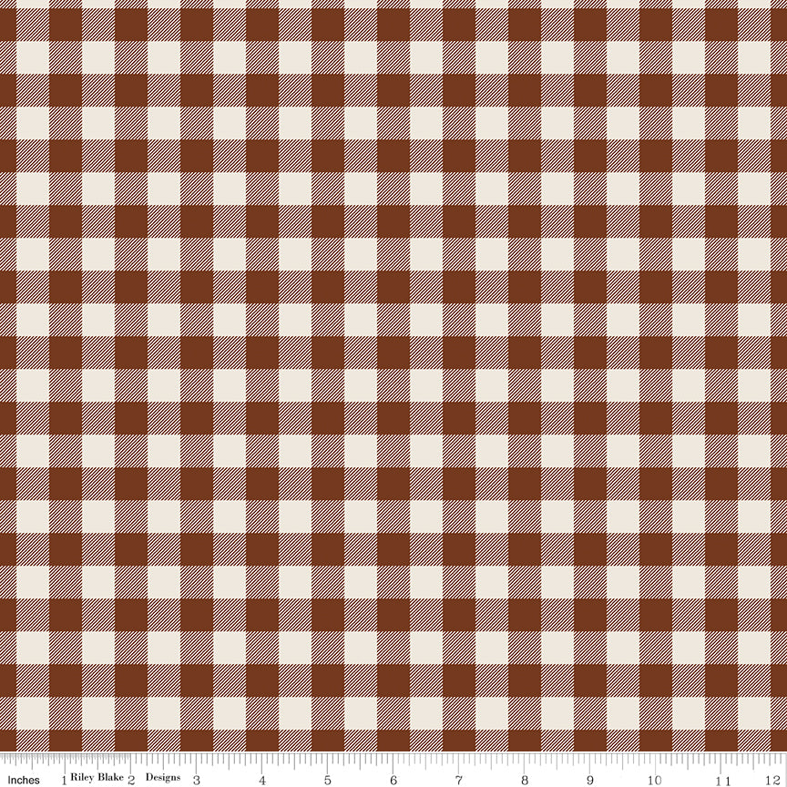 Cotton quilting fabric pattern called 'Plaid in Brown'. Part of the 'Pumpkin Spice' fabric collection. Designed by Simple Simon & Company for fabric company Riley Blake. SKU: C14995-BROWN. 44-45 inch width.