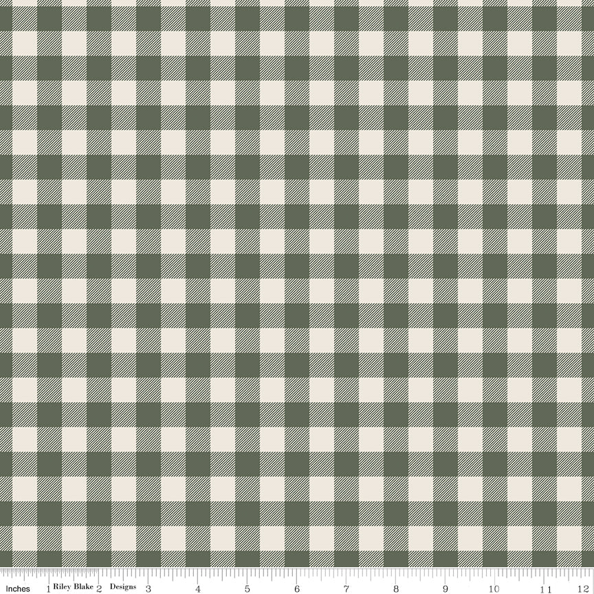 Cotton quilting fabric pattern called 'Plaid in Green'. Part of the 'Pumpkin Spice' fabric collection. Designed by Simple Simon & Company for fabric company Riley Blake. SKU: C14995-GREEN. 44-45 inch width.