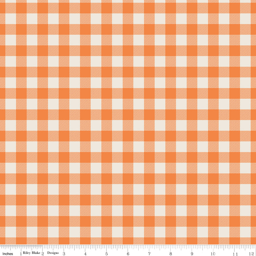 Cotton quilting fabric pattern called 'Plaid in Pumpkin'. Part of the 'Pumpkin Spice' fabric collection. Designed by Simple Simon & Company for fabric company Riley Blake. SKU: C14995-PUMPKIN. 44-45 inch width.