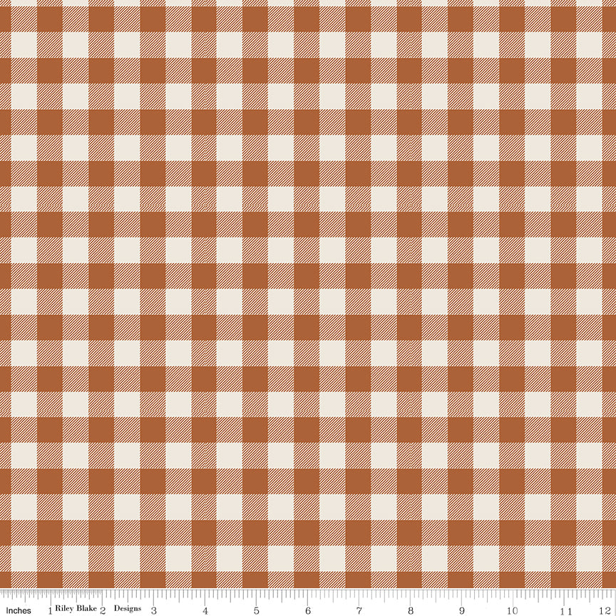 Cotton quilting fabric pattern called 'Plaid in Spice'. Part of the 'Pumpkin Spice' fabric collection. Designed by Simple Simon & Company for fabric company Riley Blake. SKU: C14995-SPICE. 44-45 inch width.