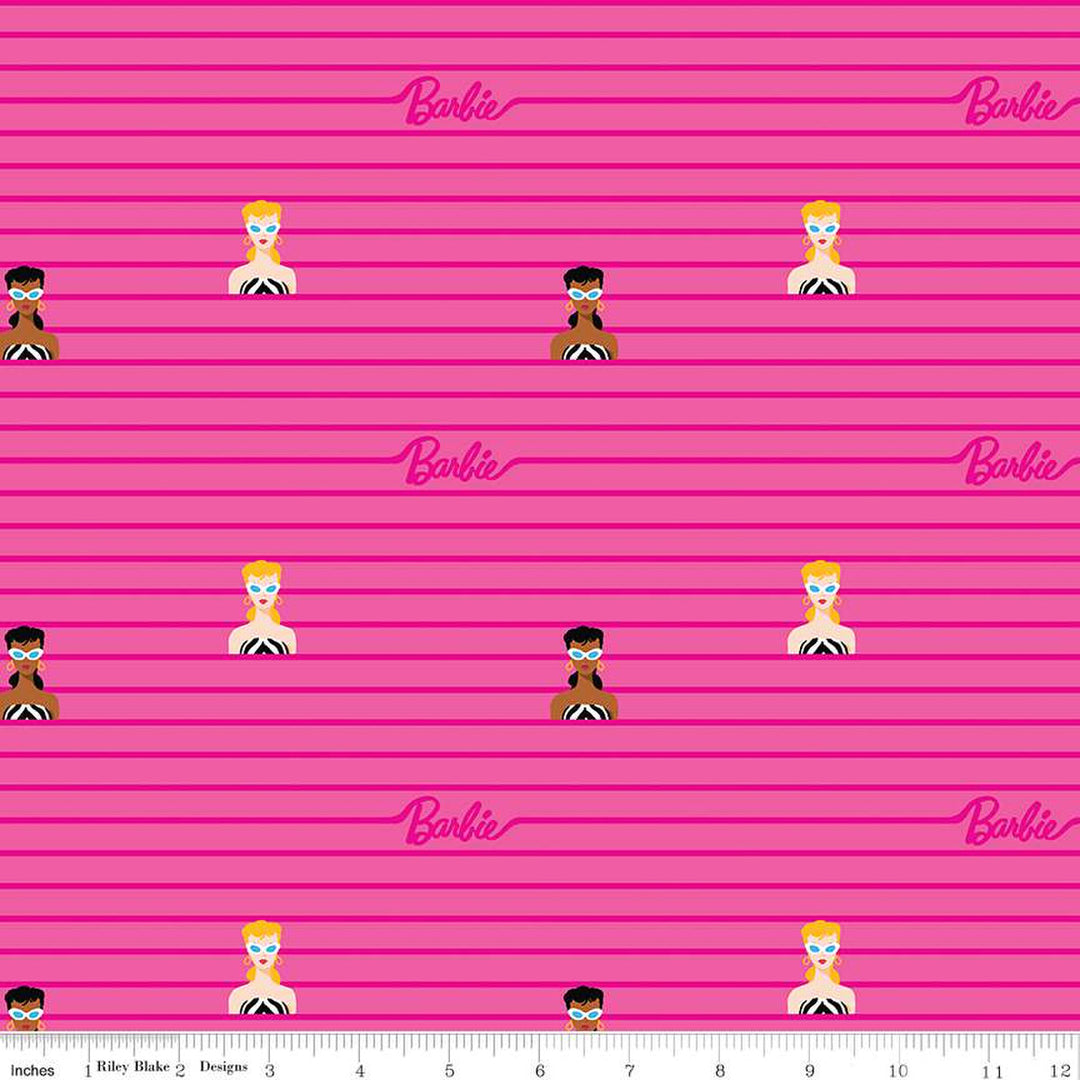 Cotton quilting fabric pattern called 'Barbie Stripe in Hot Pink'. Part of the 'Barbie World' fabric collection. Designed by Riley Blake Designs for fabric company Riley Blake. SKU: C15022-HOTPINK. 44-45 inch width.