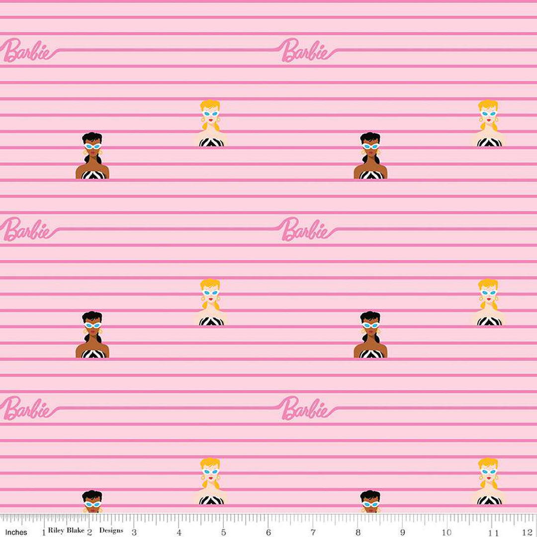 Cotton quilting fabric pattern called 'Barbie Stripe in Pink'. Part of the 'Barbie World' fabric collection. Designed by Riley Blake Designs for fabric company Riley Blake. SKU: C15022-PINK. 44-45 inch width.