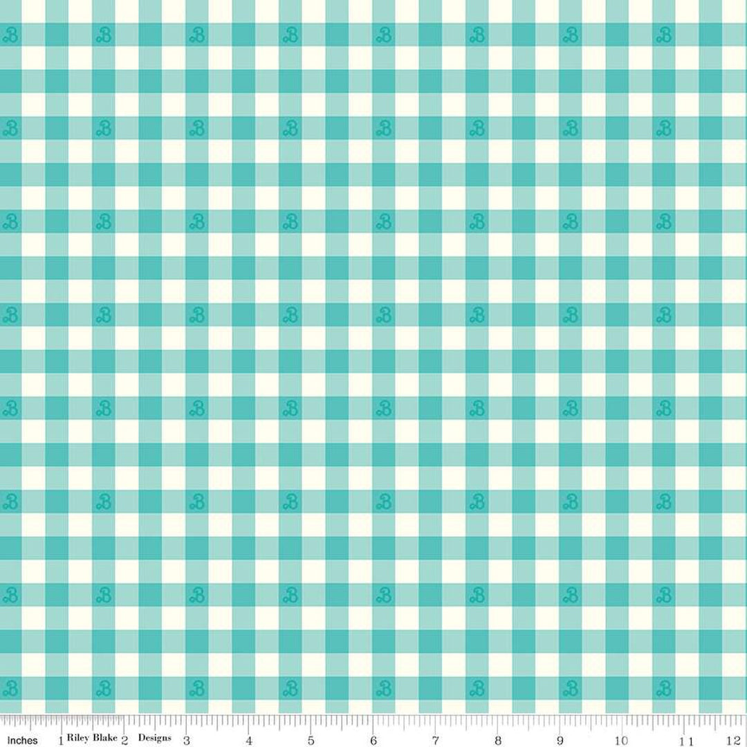 Cotton quilting fabric pattern called 'Barbie Gingham Teal'. Part of the 'Barbie World' fabric collection. Designed by Riley Blake Designs for fabric company Riley Blake. SKU: C15024-TEAL. 44-45 inch width.