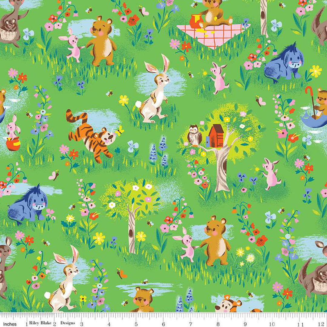 Cotton quilting fabric pattern called 'Main in Green'. Part of the '100 Aker Woods' fabric collection. Designed by Jill Howarth for fabric company Riley Blake. SKU: C15170-GREEN. 44-45 inch width.