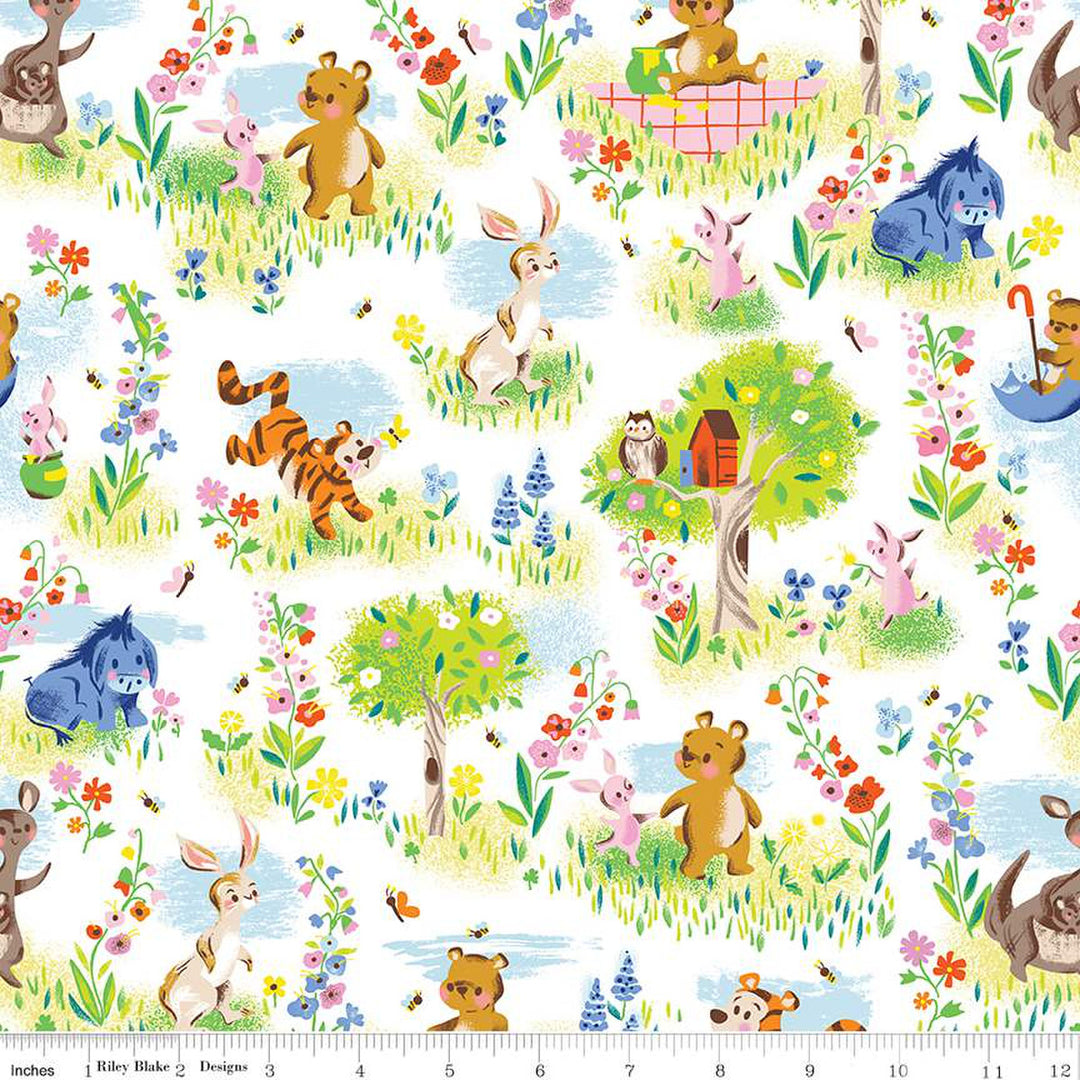 Cotton quilting fabric pattern called 'Main in White'. Part of the '100 Aker Woods' fabric collection. Designed by Jill Howarth for fabric company Riley Blake. SKU: C15170-WHITE. 44-45 inch width.