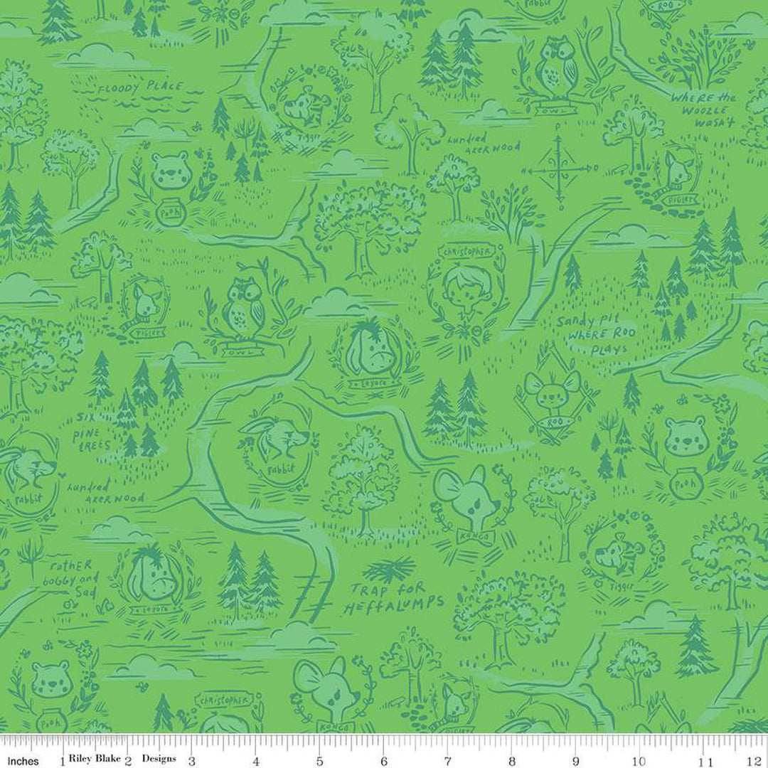 Cotton quilting fabric pattern called '100 Aker Woods Map in Green'. Part of the '100 Aker Woods' fabric collection. Designed by Jill Howarth for fabric company Riley Blake. SKU: C15171-GREEN. 44-45 inch width.