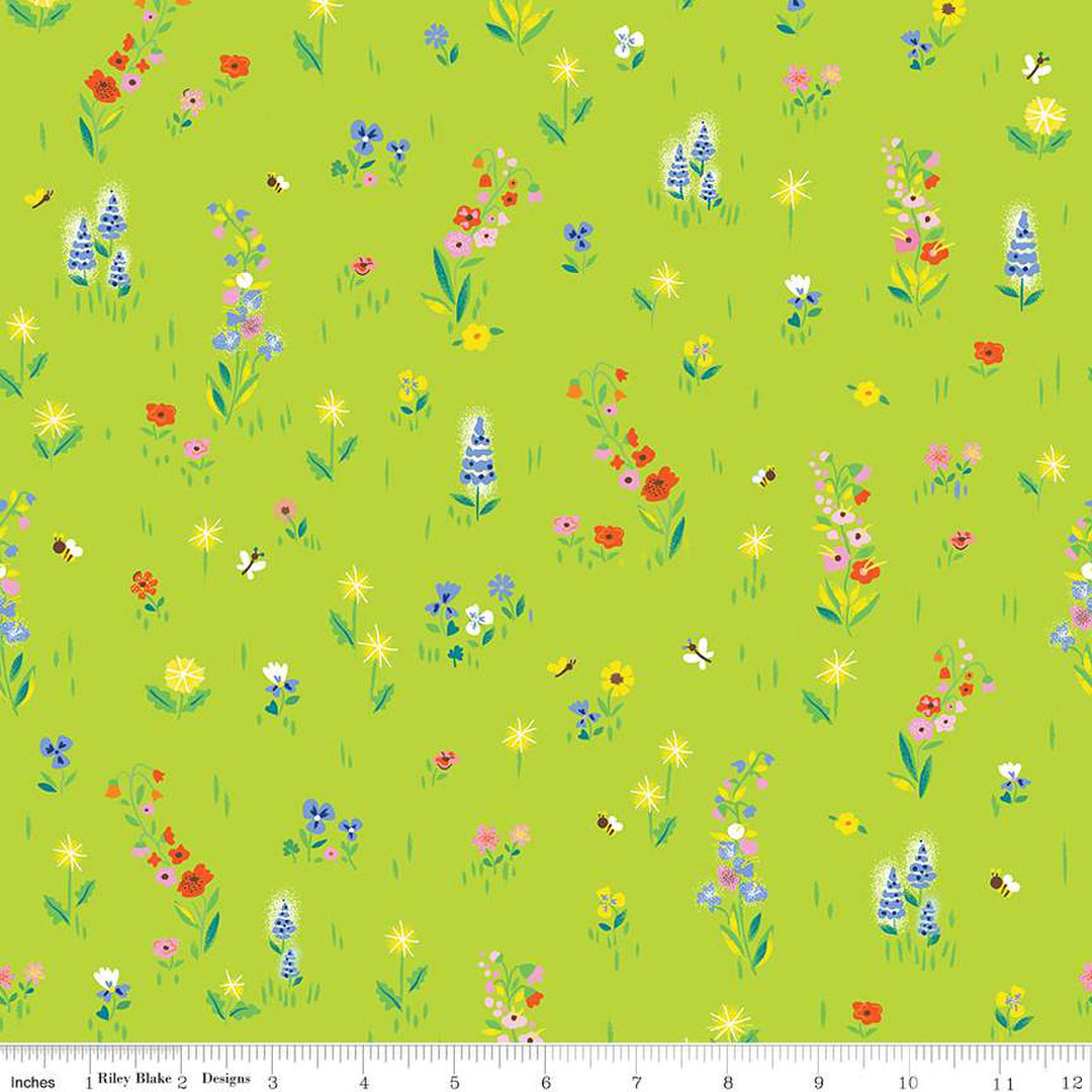 Cotton quilting fabric pattern called 'Picnic Meadow in Lime'. Part of the '100 Aker Woods' fabric collection. Designed by Jill Howarth for fabric company Riley Blake. SKU: C15172-LIME. 44-45 inch width.