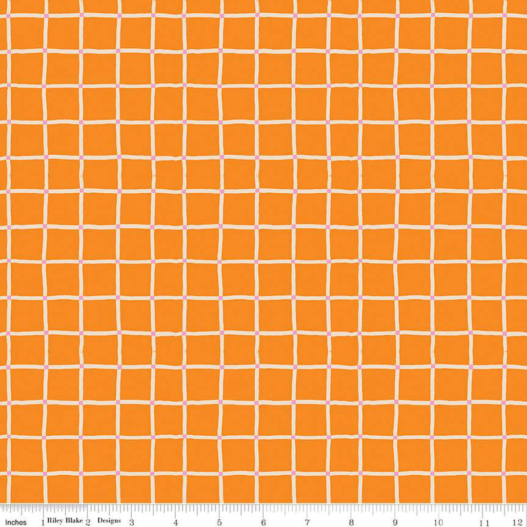 Cotton quilting fabric pattern called 'Picnic Plaid in Orange'. Part of the '100 Aker Woods' fabric collection. Designed by Jill Howarth for fabric company Riley Blake. SKU: C15176-ORANGE. 44-45 inch width.