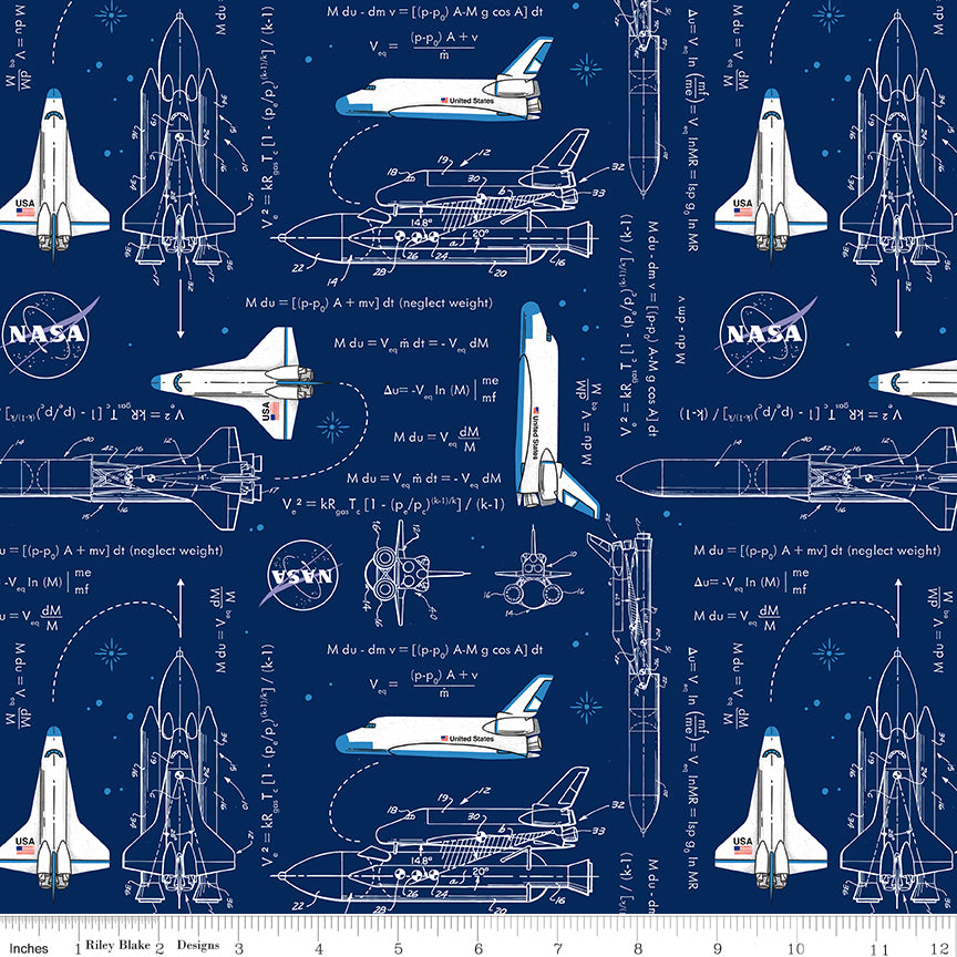 Cotton quilting fabric pattern called 'Rocket Math in Navy'. Part of the 'Outer Space By NASA' fabric collection. Designed by RBD Designs for fabric company Riley Blake. SKU: C15482-NAVY. 44-45 inch width.