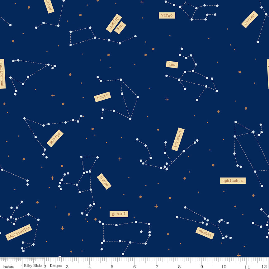 Cotton quilting fabric pattern called 'Constellations in Navy'. Part of the 'Outer Space By NASA' fabric collection. Designed by RBD Designs for fabric company Riley Blake. SKU: C15483-NAVY. 44-45 inch width.